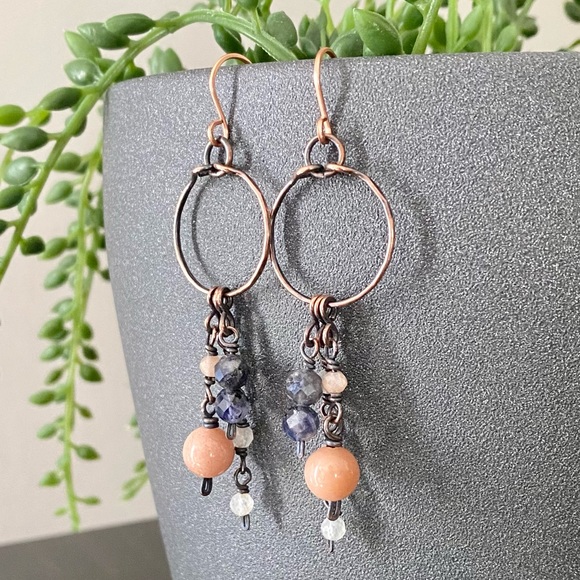 Iolite + Moonstone Handcrafted Copper Earrings - Picture 7 of 7